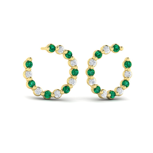 Forward-facing Diamond and Emerald  Open Hoop Earrings