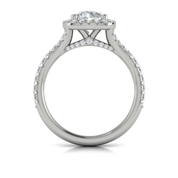 Round Halo, Split Shank Engagement Ring in Platinum by Vlora Bridal