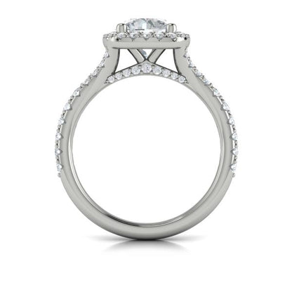 Round Halo, Split Shank Engagement Ring in Platinum by Vlora Bridal