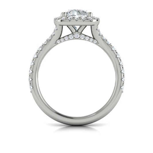 Round Halo, Split Shank Engagement Ring in Platinum by Vlora Bridal