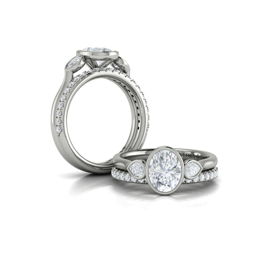 Oval Three Stone, Bezel Engagement Ring in 14K White Gold by Vlora Bridal