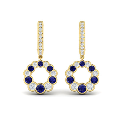 Round Bezel Set Diamond and Sapphire Circle Drop Earring