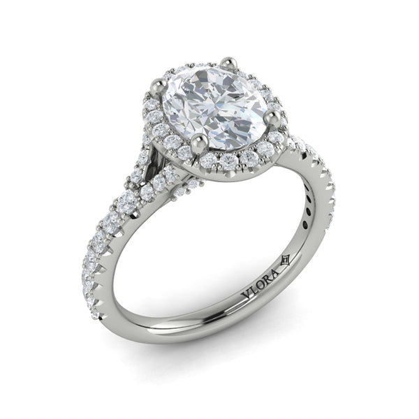 Oval Halo, Split Shank Engagement Ring in Platinum by Vlora Bridal