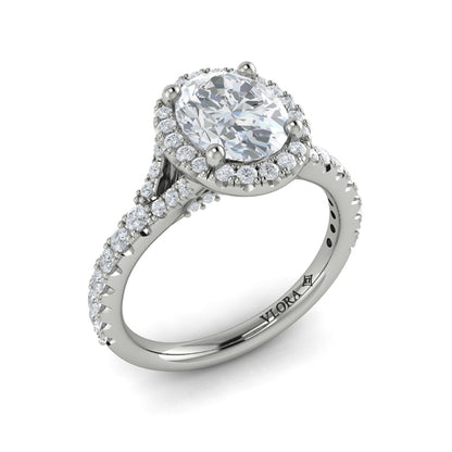 Oval Halo, Split Shank Engagement Ring in Platinum by Vlora Bridal