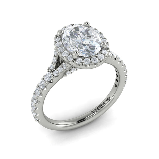 Oval Halo, Split Shank Engagement Ring in Platinum by Vlora Bridal