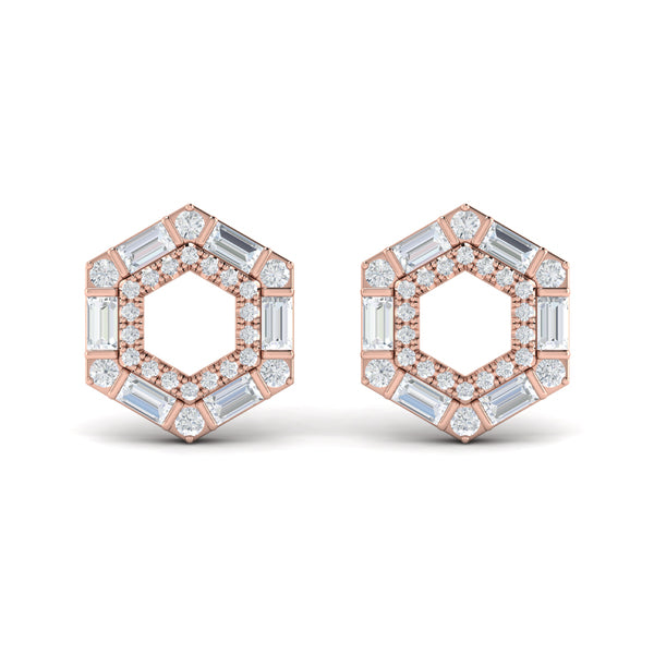 Diamond Baguette Double Row Open Honeycomb Stud Earrings