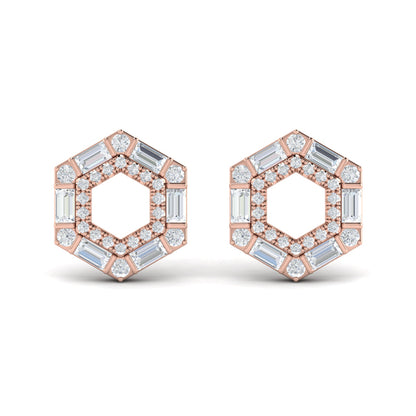 Diamond Baguette Double Row Open Honeycomb Stud Earrings