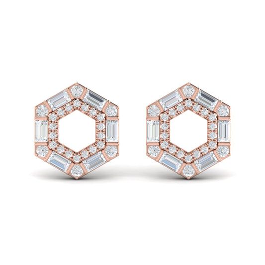 Diamond Baguette Double Row Open Honeycomb Stud Earrings
