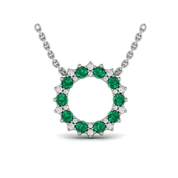 Diamond and Emerald Open Starburst Circle Pendant Necklace
