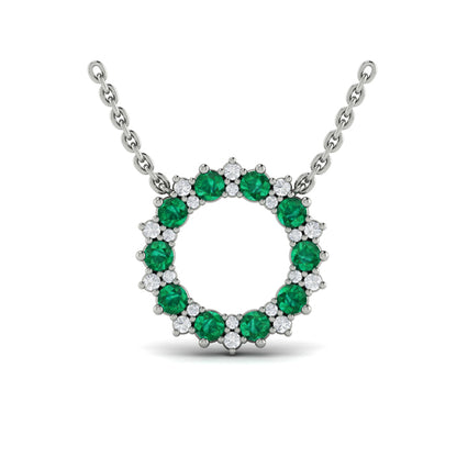 Diamond and Emerald Open Starburst Circle Pendant Necklace