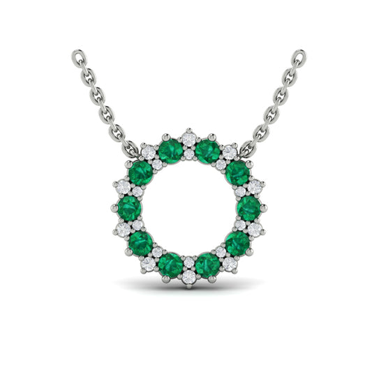 Diamond and Emerald Open Starburst Circle Pendant Necklace