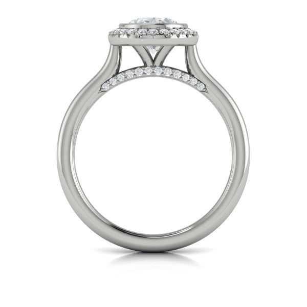 Oval Halo, Bezel Engagement Ring in Platinum by Vlora Bridal
