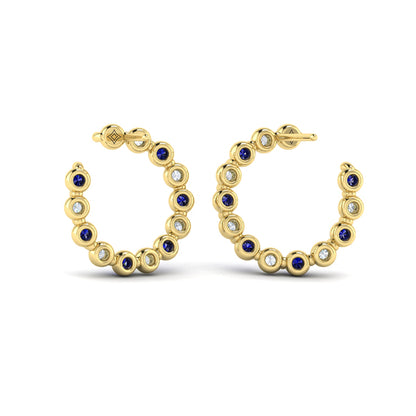 Forward-facing Diamond and Blue Sapphire  Open Hoop Earrings