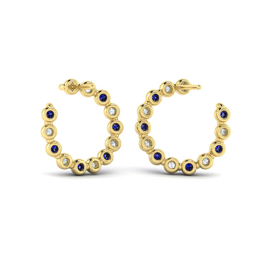 Forward-facing Diamond and Blue Sapphire  Open Hoop Earrings