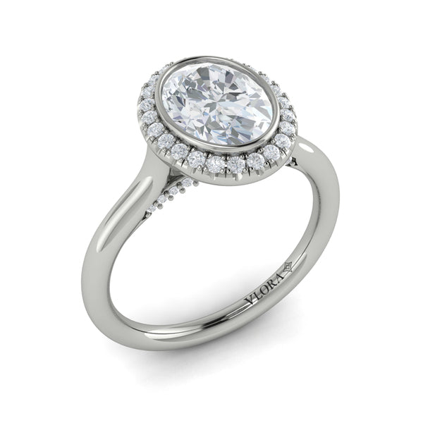 Oval Halo, Bezel Engagement Ring in Platinum by Vlora Bridal