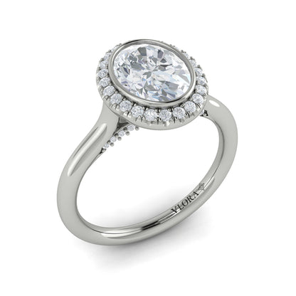 Oval Halo, Bezel Engagement Ring in Platinum by Vlora Bridal