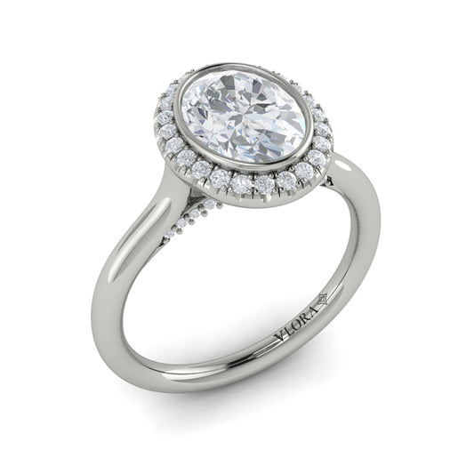 Oval Halo, Bezel Engagement Ring in Platinum by Vlora Bridal