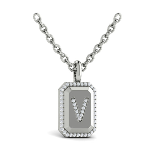 Diamond Medallion Alphabet Pendant Link Necklace, V