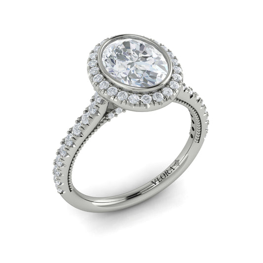 Oval Halo, Bezel, Modern Vintage Engagement Ring in Platinum by Vlora Bridal