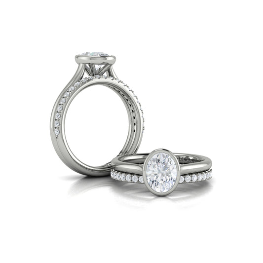 Oval Solitaire, Bezel Engagement Ring in Platinum by Vlora Bridal
