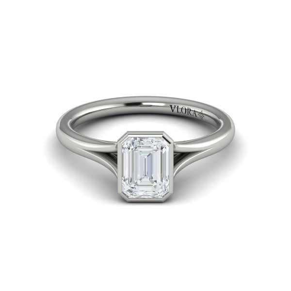 Emerald Cut Classic, Bezel, Split Shank Engagement Ring in Platinum by Vlora Bridal