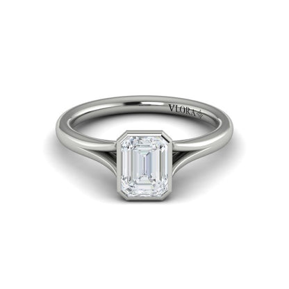 Emerald Cut Classic, Bezel, Split Shank Engagement Ring in Platinum by Vlora Bridal