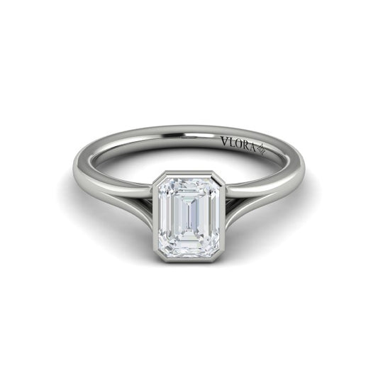 Emerald Cut Classic, Bezel, Split Shank Engagement Ring in Platinum by Vlora Bridal