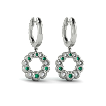 Round Bezel Set Diamond and Emerald Circle Drop Earring