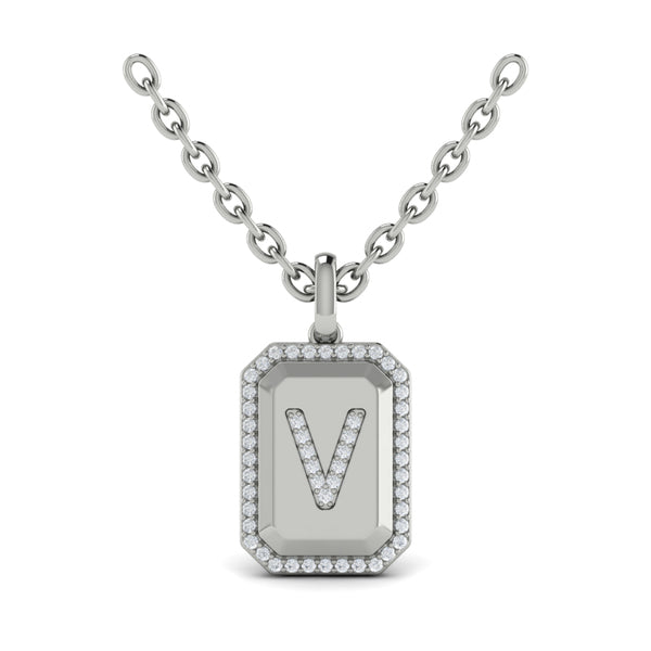 Diamond Medallion Alphabet Pendant Link Necklace, V