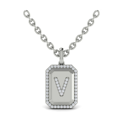 Diamond Medallion Alphabet Pendant Link Necklace, V