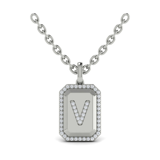 Diamond Medallion Alphabet Pendant Link Necklace, V