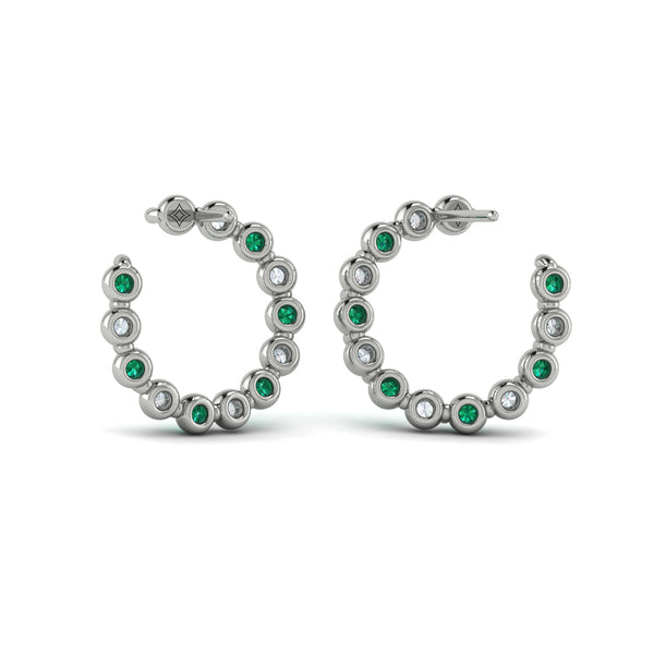 Forward-facing Diamond and Emerald  Open Hoop Earrings