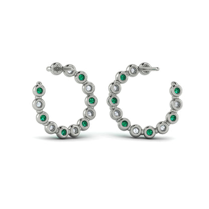 Forward-facing Diamond and Emerald  Open Hoop Earrings