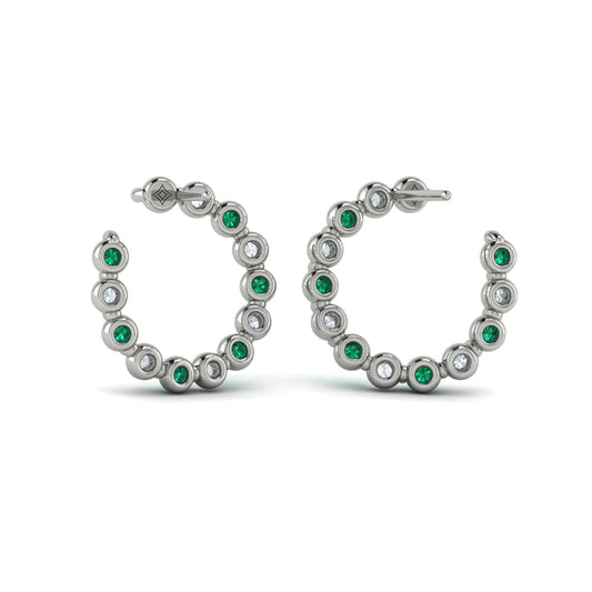Forward-facing Diamond and Emerald  Open Hoop Earrings