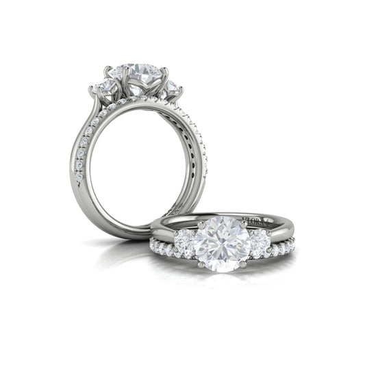 Round Three Stone Engagement Ring in 14K White Gold by Vlora Bridal