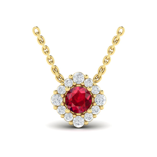 Diamond Halo and Round Ruby Center Pendant