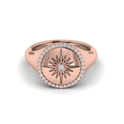 Center Starburst Diamond and Bezel Signet Ring
