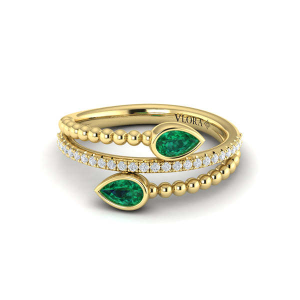 Bezel Set Pear shaped Emerald and Diamond Wrap Ring
