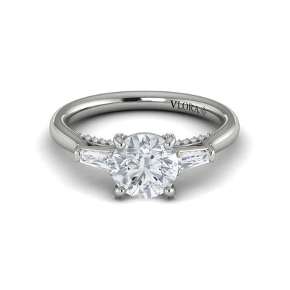 Round Three Stone Engagement Ring in Platinum by Vlora Bridal