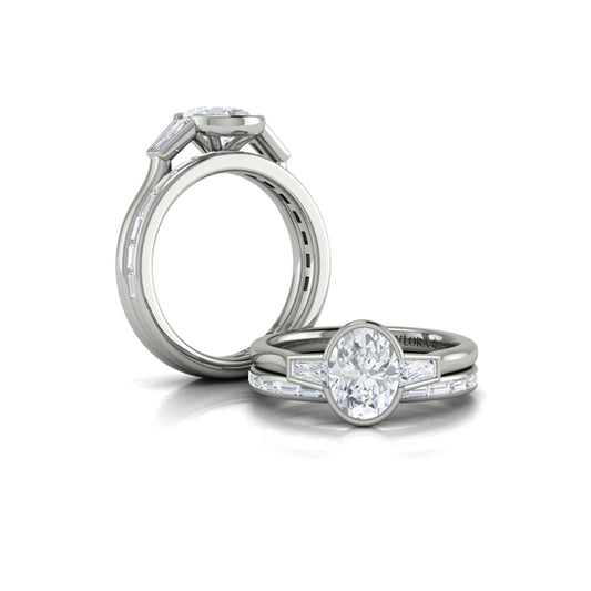 Oval Three Stone, Bezel Engagement Ring in Platinum by Vlora Bridal