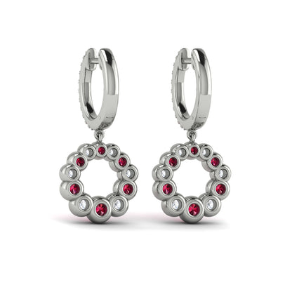 Round Bezel Set Diamond and Ruby Circle Drop Earring