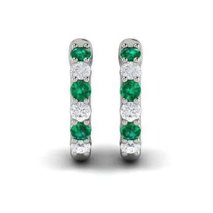 Forward-facing Diamond and Emerald  Open Hoop Earrings