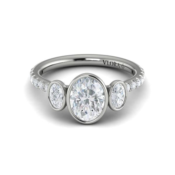 Oval Three Stone, Bezel Engagement Ring in Platinum by Vlora Bridal
