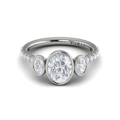 Oval Three Stone, Bezel Engagement Ring in Platinum by Vlora Bridal
