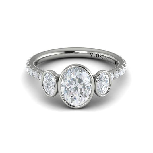 Oval Three Stone, Bezel Engagement Ring in Platinum by Vlora Bridal