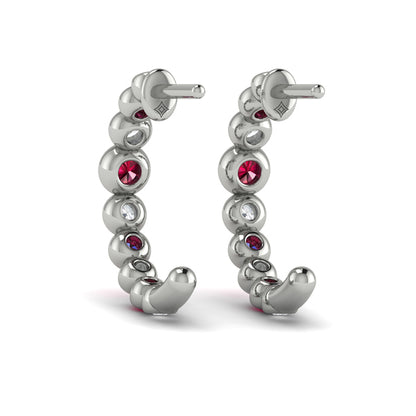 Round Bezel Set Diamond and Ruby Circle Hoop Earring