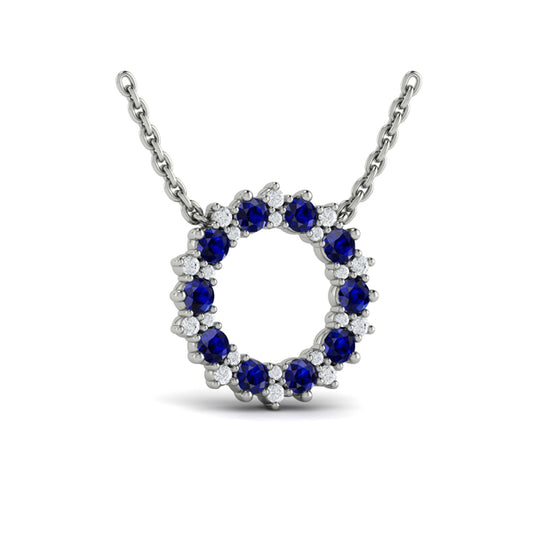 Diamond and Blue Sapphire Open Starburst Circle Pendant Necklace
