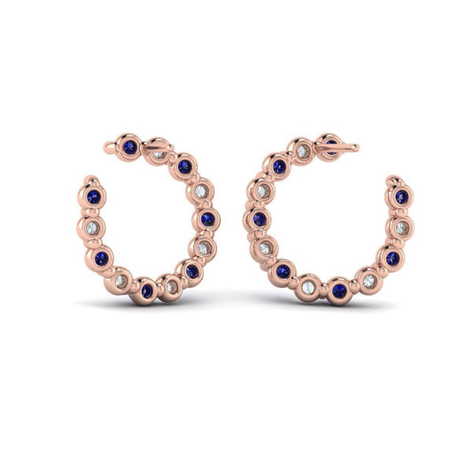 Forward-facing Diamond and Blue Sapphire  Open Hoop Earrings