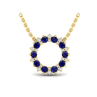 Diamond and Blue Sapphire Open Starburst Circle Pendant Necklace