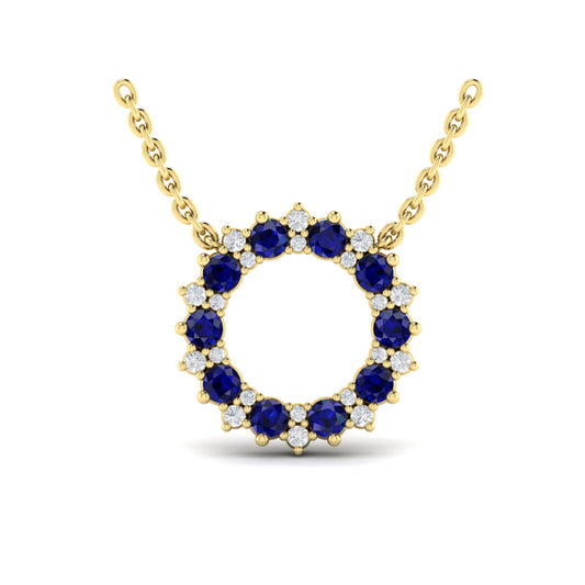 Diamond and Blue Sapphire Open Starburst Circle Pendant Necklace